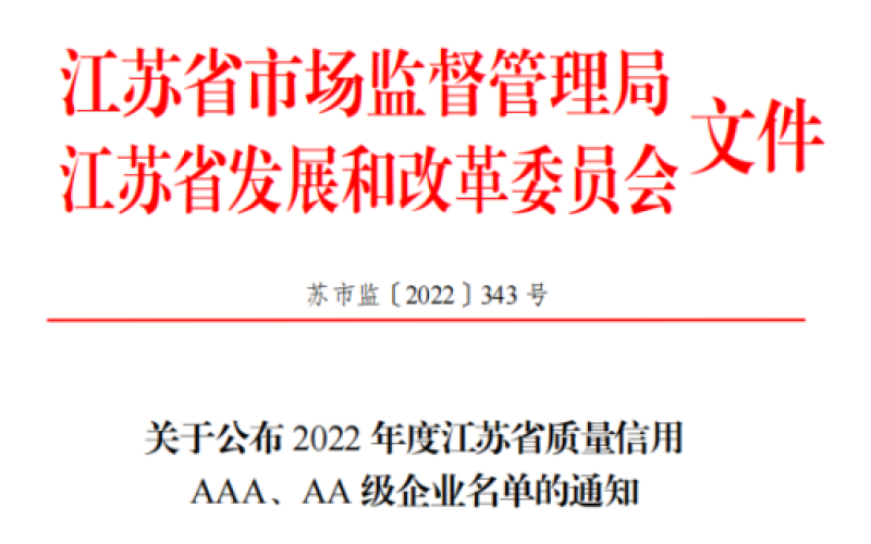 【喜報】恭喜旭派榮獲2022 年度江蘇省質(zhì)量信用 AAA 級企業(yè)稱號